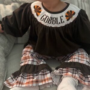 Gobble Turkey Embroidered Kids Top - Brown and White with Matching Plaid Pants